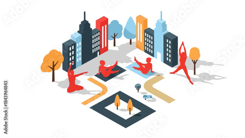 Isometric urban yoga scene with people practicing in city park