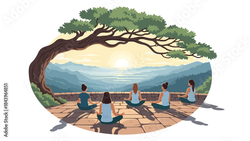 Serene group meditation under a tree with scenic mountain view at sunrise