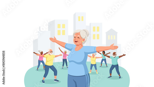 Senior group enjoying outdoor exercise in the city