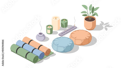 Cozy meditation space with yoga mats and decorative elements in soft isometric design