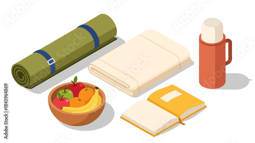 Essential camping gear in isometric style featuring blanket, thermos, and fruits