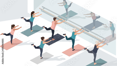 Group fitness class performing ballet exercises in an isometric studio setting