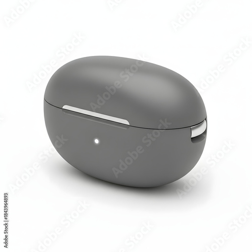 Black glossy wireless earbuds charging case with green LED indicator light isolated on white background, technology, audio, portable, modern