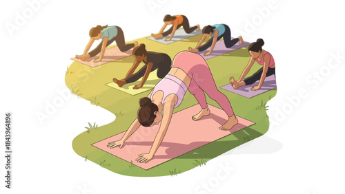Morning yoga class outdoors featuring diverse group practicing stretching exercises