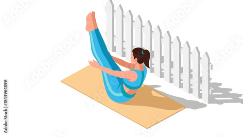 Woman practicing pilate exercise outdoors on mat with fence background in isometric style
