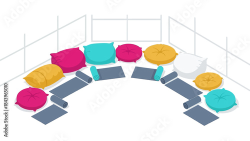 Cozy minimalist lounge with colorful cushions and yoga mat arrangement in isometric design