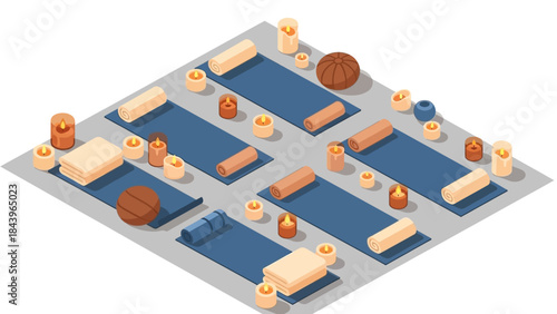 Cozy yoga studio with mats, candles, and balls in isometric view for relaxation