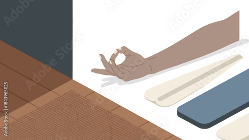 Isometric yoga studio with meditative hand gesture and minimalist interior design