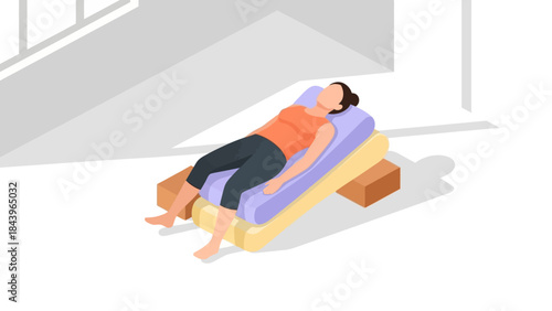 Relaxing woman in shavasana pose on reclined yoga mat in sunlit room