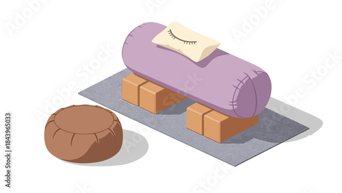 Isometric yoga relaxation setup with bolster, blocks, and cushion on mat