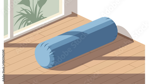 Blue cylindrical bolster on sunlit wooden floor in minimalist room