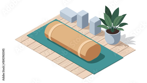 Isometric yoga setup with foam roller and blocks on a wooden mat with plant