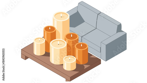 Isometric interior scene with couch and candle decor on wooden table