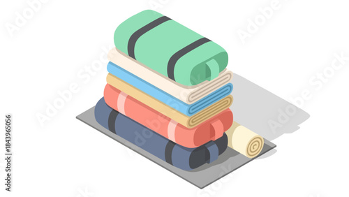 Colorful isometric yoga mat stack on white background for wellness and fitness design