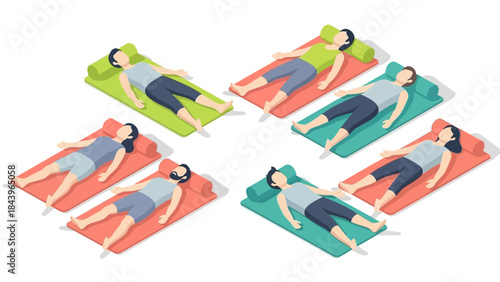 Isometric view of people relaxing on colorful lounge mats in various positions