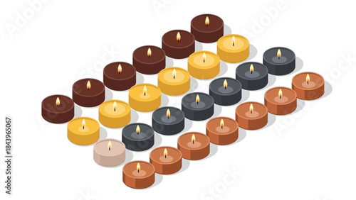 Isometric arrangement of multicolored tealight candles on white background