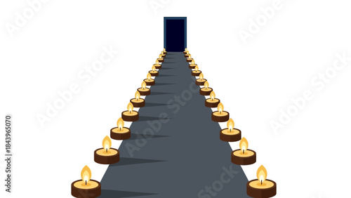 Pathway of lit candles leading to mysterious door