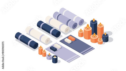 Isometric spa essentials with rolled towels and candles on white background