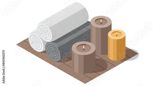 Isometric yoga mats with candles on wooden floor for wellness and meditation
