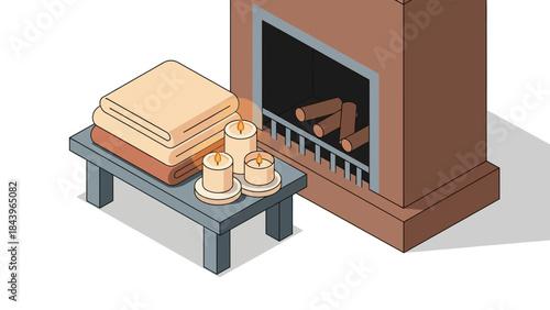 Cozy interior with fireplace, candles, and blankets in isometric style for relaxation themes