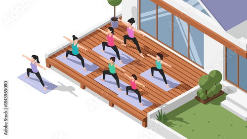 Group yoga session outdoors on sunny patio with diverse participants in isometric design