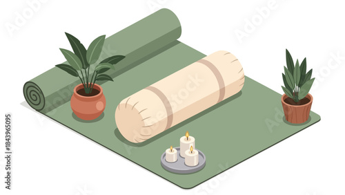 Cozy yoga scene with plants and candles on a mat