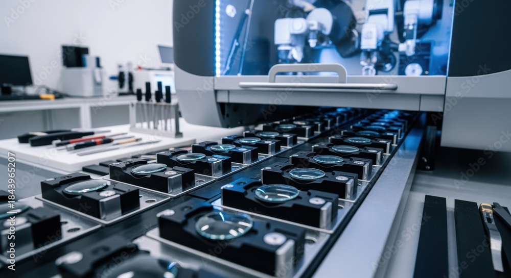 Obraz premium Modern ophthalmic lab setup showing multiple freeformlens surfacing blocks aligned for batch processing of customized lenses.