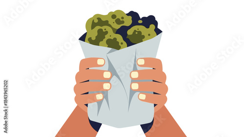 Hand holding takeout food wrapped in paper with crispy delights