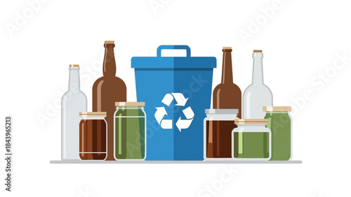 Recycling bin with glass bottles and jars on white background