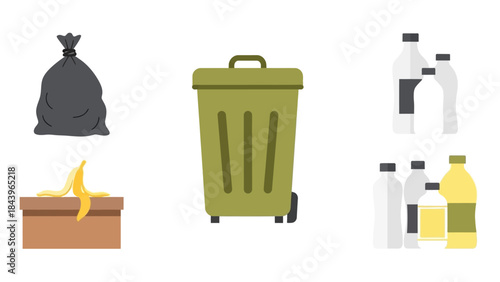 Waste management icons: recycling, composting, and trash elements