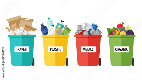 Colorful recycling bins for paper, plastic, metal, and organic waste management