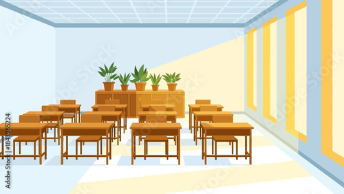 Bright classroom with desks and plants in minimalist style
