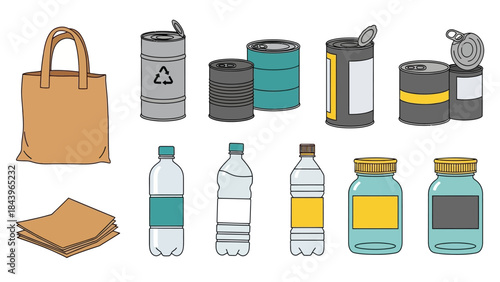 Recycling essentials: metal, plastic, and paper waste containers