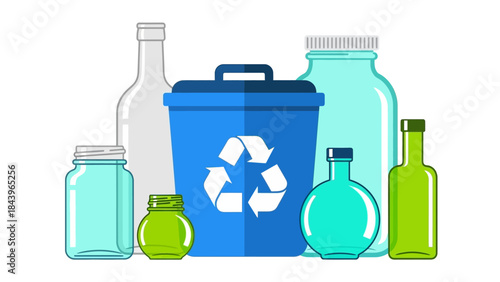 Colorful recyclable glass and plastic containers with blue recycling bin