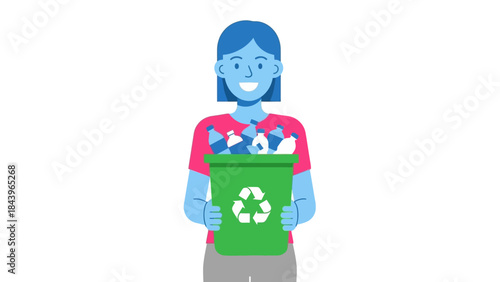 Smiling woman holding recycling bin filled with plastic bottles
