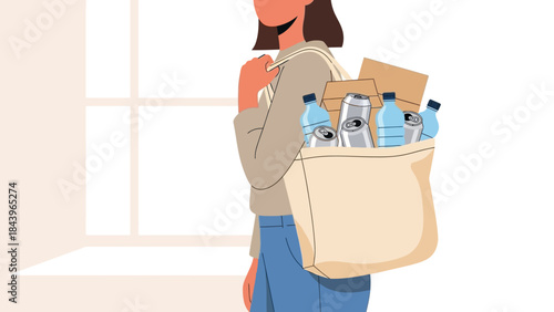 Eco-friendly lifestyle: woman with reusable bag for recycling and sustainability