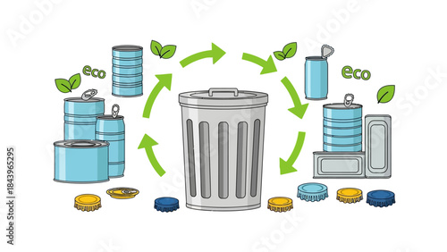 Recycling metal waste circular process with eco icons and arrows