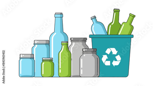 Colorful bottles and jars with recycling bin on white background