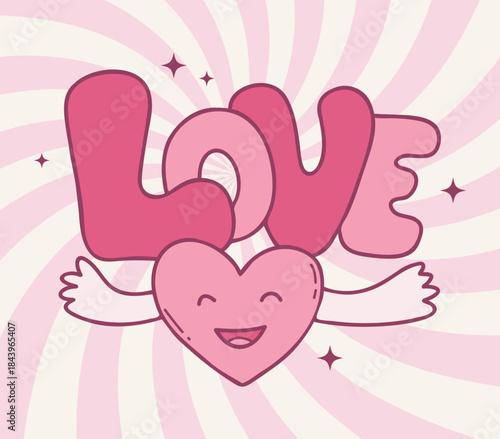 Cute Pink Groovy Heart Character and Love Lettering Doodle. Vector Illustration. Valentines Day Cartoon Design Card. Not AI
