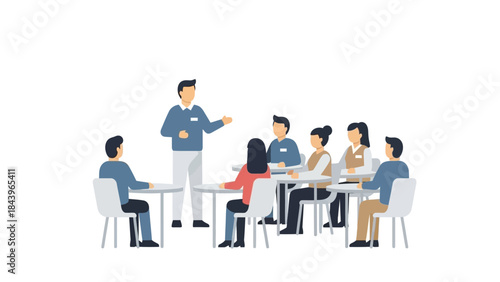 Team meeting: colleagues collaborating around table in flat style