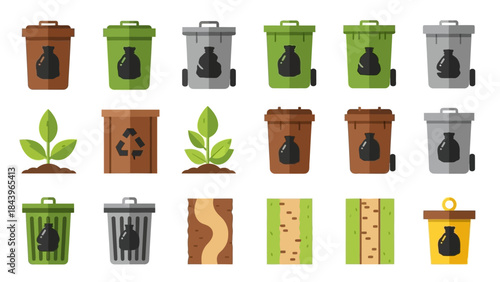 Eco-friendly recycling and waste management icons with plants and bins