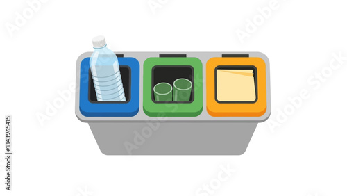 Colorful waste segregation bins with recyclable items for eco-friendly practices