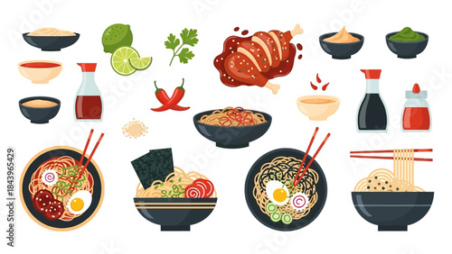Colorful ramen food ingredients and dishes with asian toppings