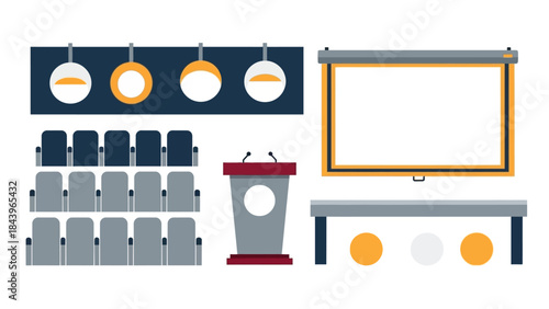 Modern conference room design elements: podium, projector screen, seating, lighting