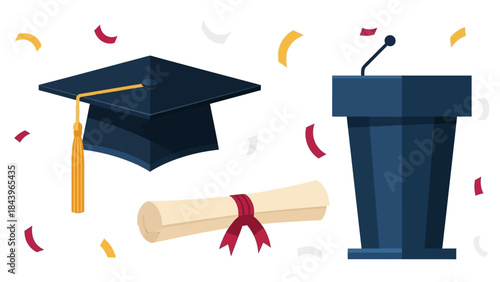 Graduation ceremony symbols: cap, diploma, podium with confetti