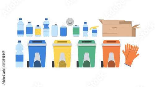 Recycling bins and waste sorting icons in flat style for environmental awareness