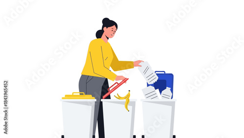 Woman practicing recycling with separate bins for paper and waste disposal