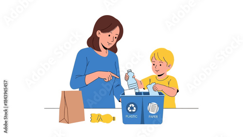 Mother and child sorting recycling at home with plastic and paper waste