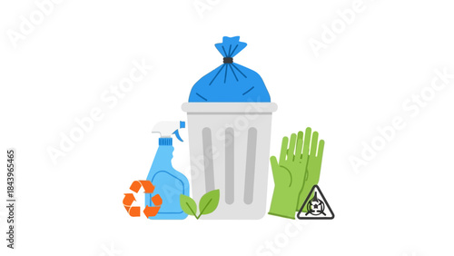 Waste management icons featuring recycling, gloves, and trash bin in flat style