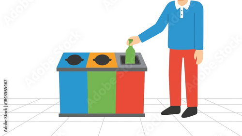 Person recycling glass bottle into color-coded bin in minimalistic style